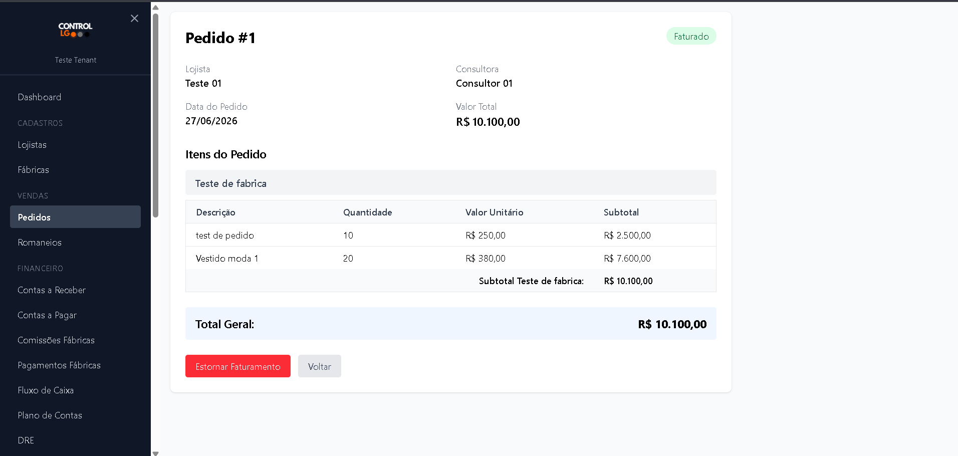 Tela de pedidos multi-fábrica no LGCONTROL - sistema ERP para distribuidoras
